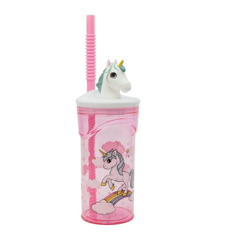 Vaso con caña y figura 3D de Unicornio de colores y arcoiris 360ml 09730