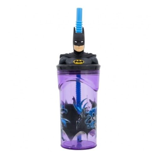 Vaso PVC color morado con caña flexible y figura 3D Batman 360ml 93054