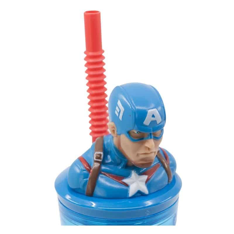 Vaso PVC con caña flexible y figura 3D del Capitán America 360ml 74866 - Imagen 2