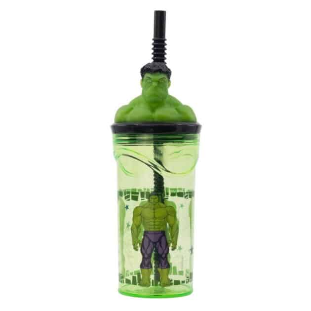 Vaso PVC color verde con caña flexible y figura 3D de Hulk 360ml 74867