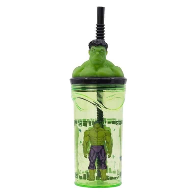 Vaso PVC color verde con caña flexible y figura 3D de Hulk 360ml 74867