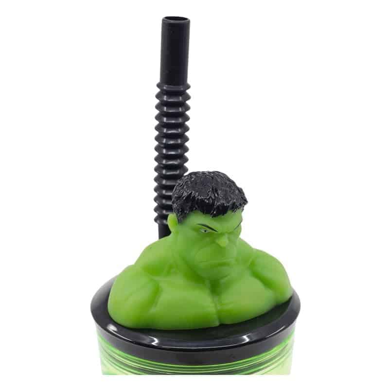 Vaso PVC color verde con caña flexible y figura 3D de Hulk 360ml 74867 - Imagen 2