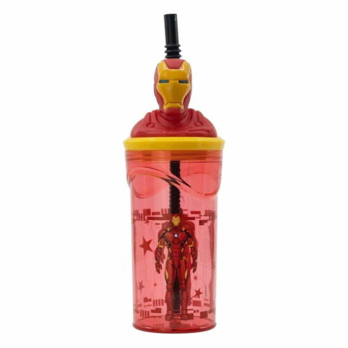 Vaso PVC color rojo con caña flexible y figura 3D Iron Man 360ml 74868