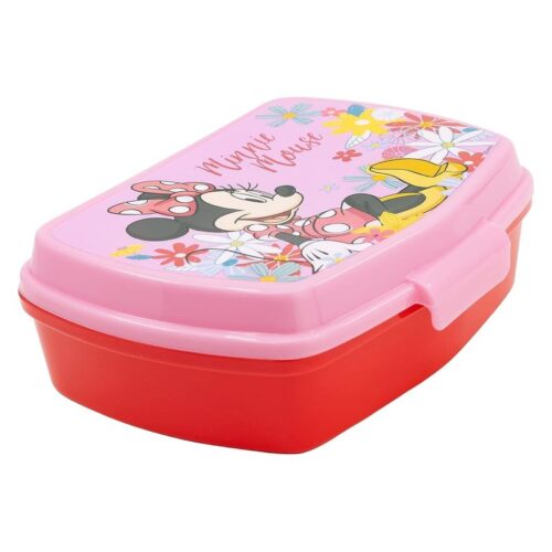 Fiambrera básica infantil Minnie Mouse rodeada de flores roja y rosa