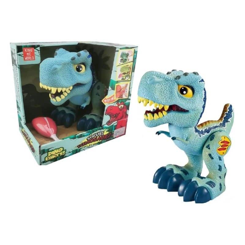 Dinosaurio Velociraptor celeste grande interactivo luces y sonido 23-572