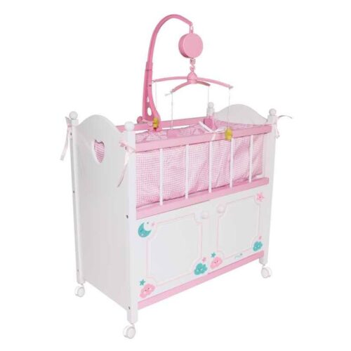 Cuna armario de madera y móvil para muñecas color blanco y rosa