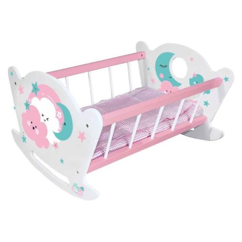 Cuna de  madera de color blanco y rosa para muñecas con dibujos
