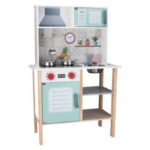 Mi cocina infantil de madera con compartimentos y utensilios