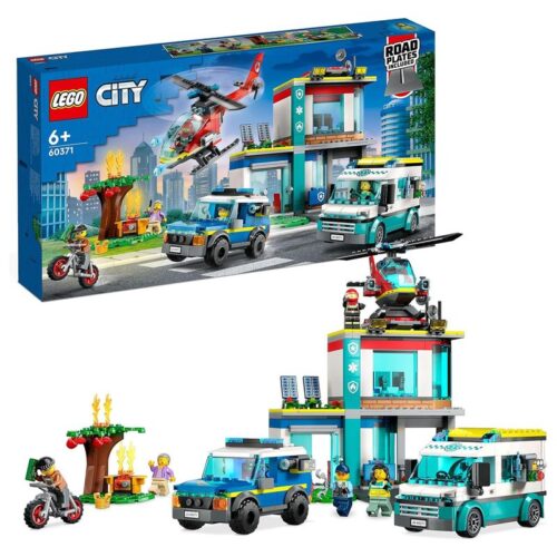 LEGO 60371 City central de emergencia helicóptero, ambulancia, moto y coche