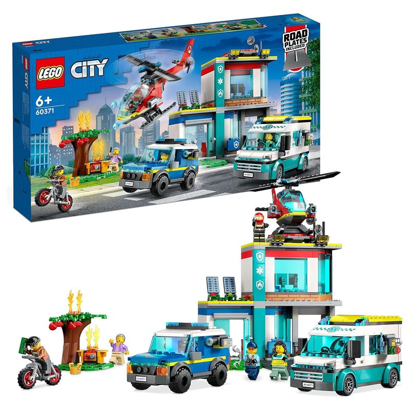 LEGO 60371 City central de emergencia helicóptero, ambulancia, moto y coche