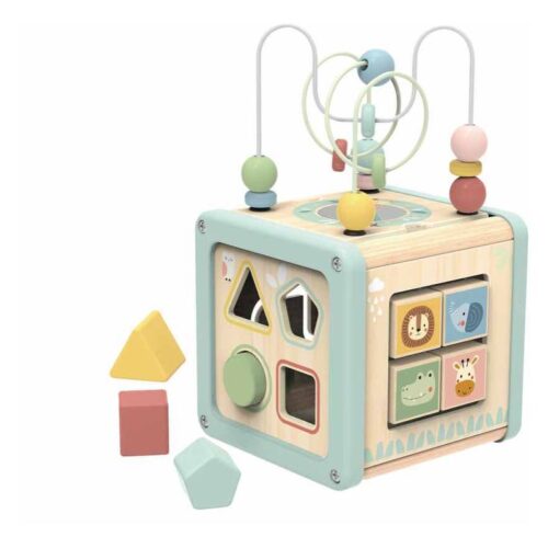 Cubo educativo de actividades infantil de madera con piezas