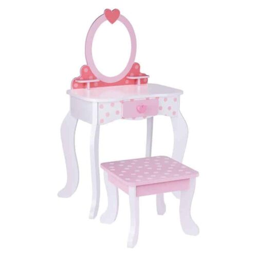 Tocador infantil lunares rosa de madera con espejo y taburete