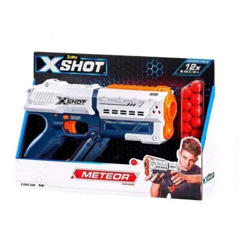 Pistola X-shot chaos meteor blanca y azul con 12 bolas rojas
