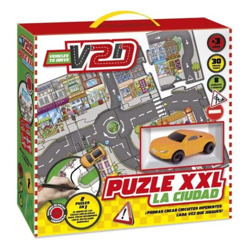 Puzzle ciudad XXL con vehículo 2 en 1 con rotulador de tinta mágica V2D003