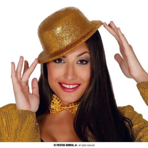 Sombrero bombin escarcha de color oro con brillantina de Guirca 13463