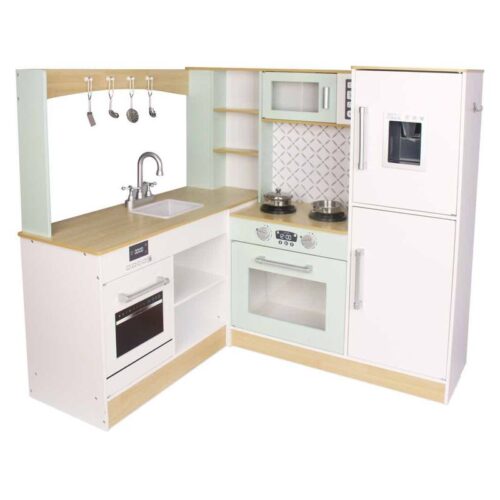Cocina infantil de madera color blanco con electrodomésticos