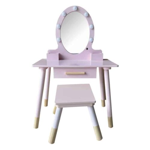 Tocador infantil deluxe de madera color rosa con luz y espejo