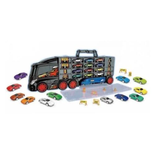 Set camión portacoches racing con 12 coches y señales de táfico