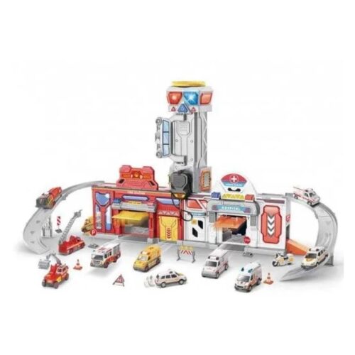 Playset garaje 2 en 1 bomberos y hospital  con vehículos