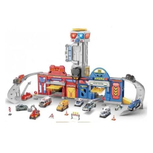 Playset garaje 2 en 1 bomberos y policías  con vehículos