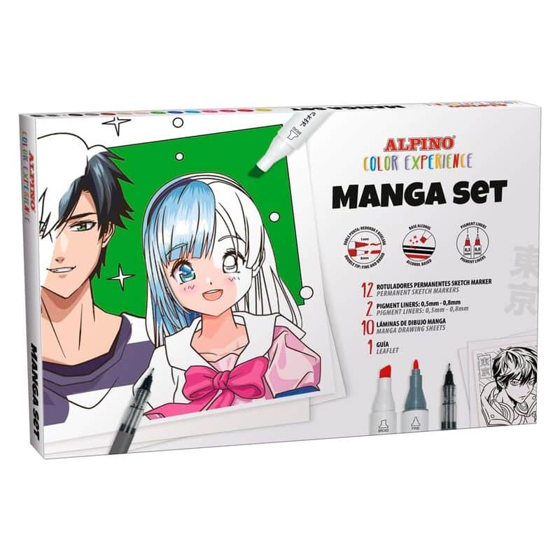 Iniciación manga Alpino con 12 rotuladores sketch, 2 fineliners, láminas y guia