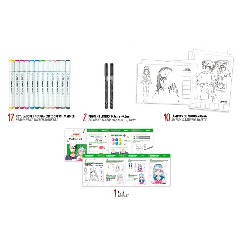 Iniciación manga Alpino con 12 rotuladores sketch, 2 fineliners, láminas y guia - Imagen 2