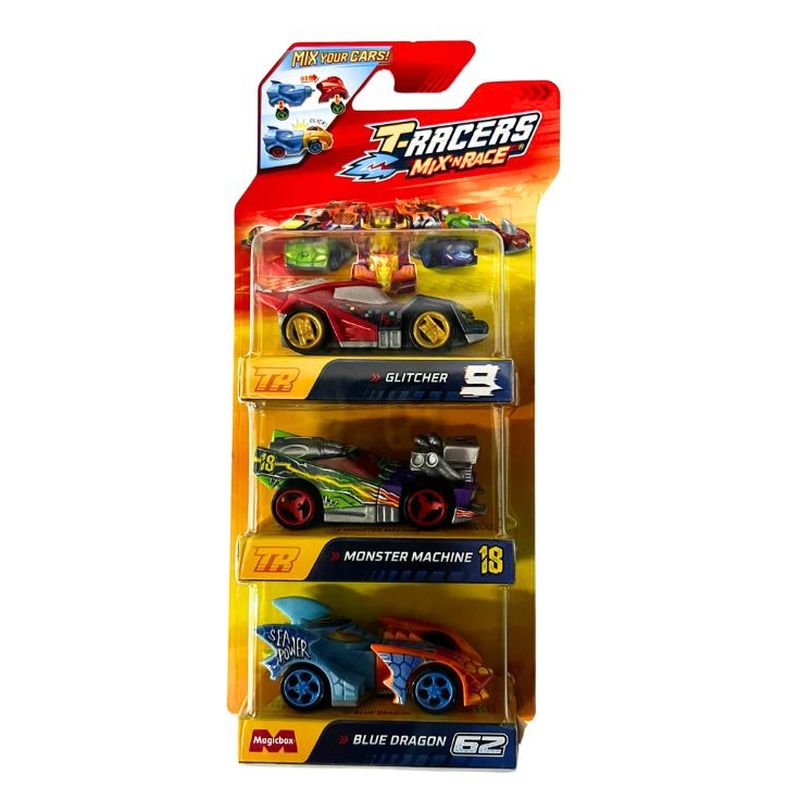 Set 3 T-Racers Mix´n race con Glitcher, Monster Machine y Blue Dragon