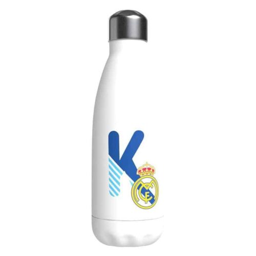 Botella de acero inoxidable Real Madrid blanca con la letra K y el escudo