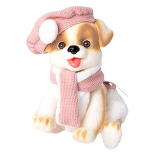 Perrito blanco con bufanda y gorrro rosa 23 cm cuerpo vinilo 2608 ROSA TOYS