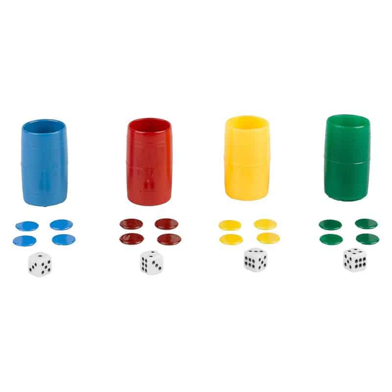 Set de cuatro cubiletes multicolor para jugar al parchís Falomir 27932