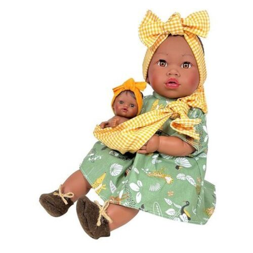 Muñeca Alika con bebé foulard verde 40 cm cuerpo blandito 3700 NINES