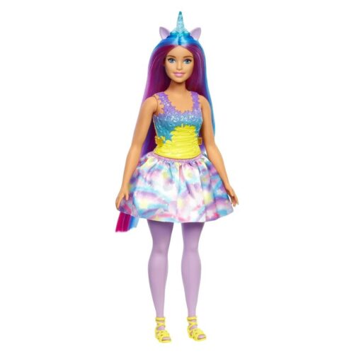 Muñeca Barbie Unicornio falda fantasía con pelo y cuerno azul HGR20 Mattel