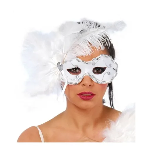 Antifaz con plumas blancas para disfraces 12483 GUIRCA