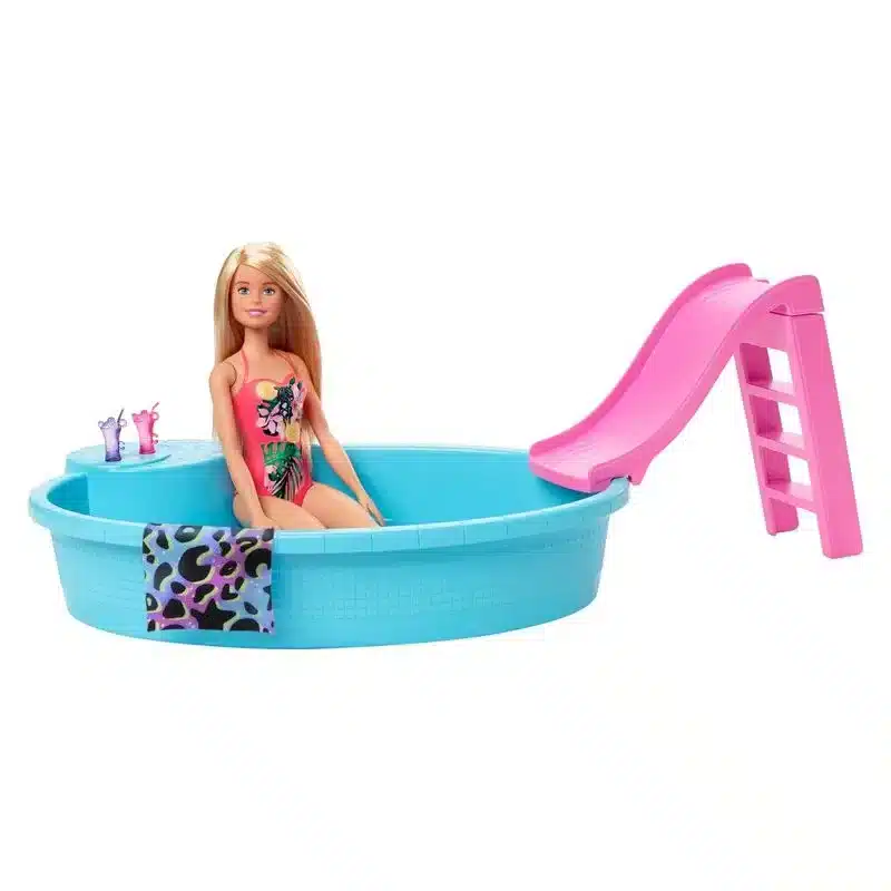 Muñeca Barbie 30cm con piscina y tobogán con todos accesorios GHL91 MATTEL