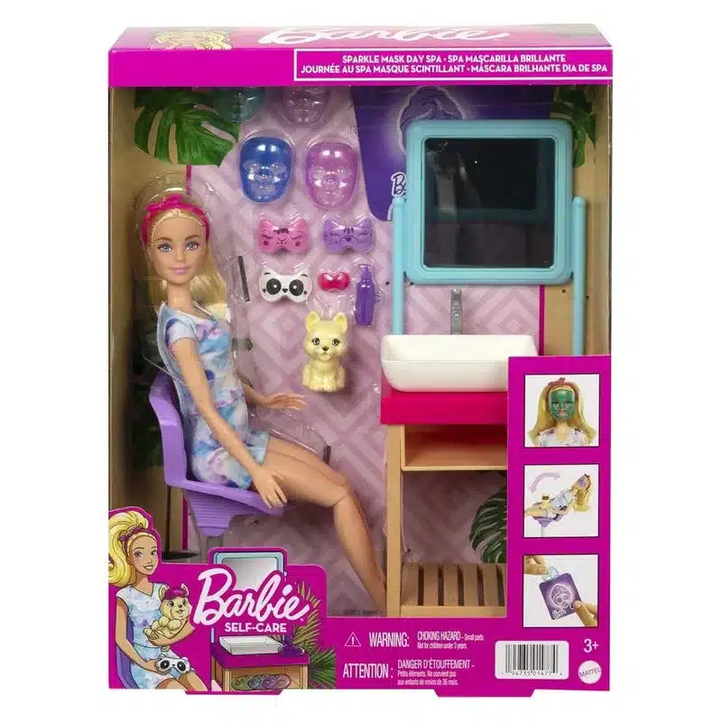Muñeca Barbie un día de SPA con máscara brillante y perrito HCM82 MATTEL - Imagen 3
