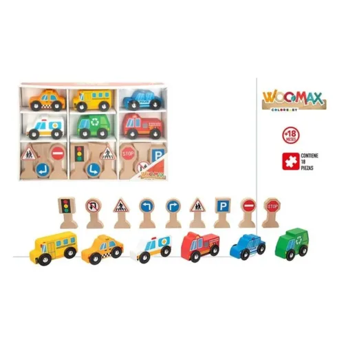 Set de 6 vehículos con 9 señales de madera educativo 47214 WOOMAX