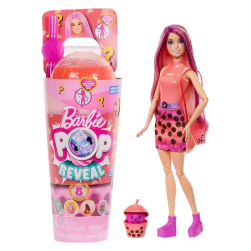 Muñeca Barbie POP Reveal rubia con mechas rosas vaso de té HTJ22