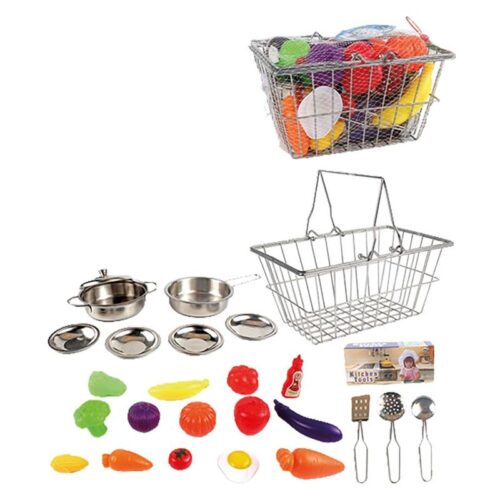Cesta de cocina con utensilios y piezas de comida de plástico 24732