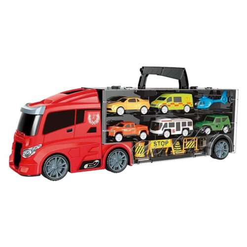 Camión rojo de transporte de vehículos con seis piezas 25072