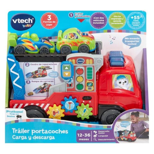 Vtech tráiler portacoches carga y descarga con 2 coches de carreras y sonido 80-565822