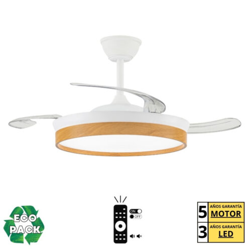 Ventilador de techo Fragata S Blanco madera clara con luz LED, motor DC silencioso y temporizador